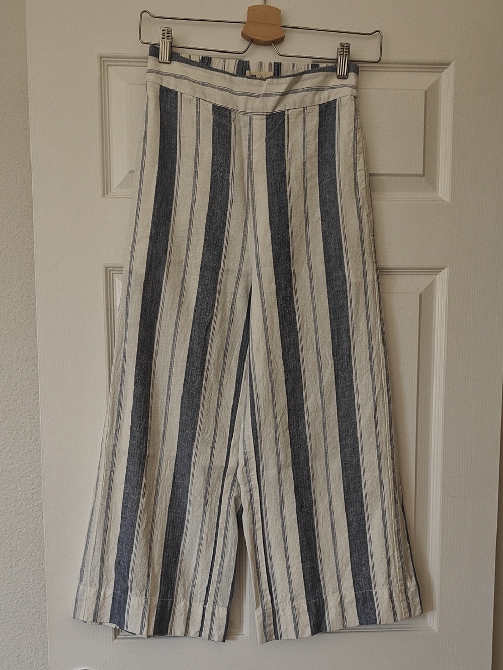 Madewell Vertical Striped Wide-Leg Linen Blend Pants in Blue & White
